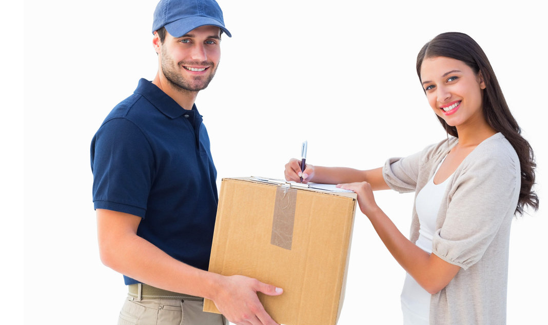 woman and delivery man smiling
